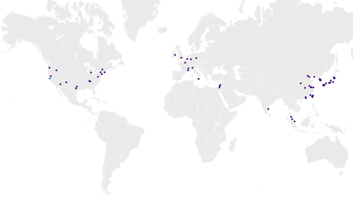 在每个KLA地点都有标记的全球地图